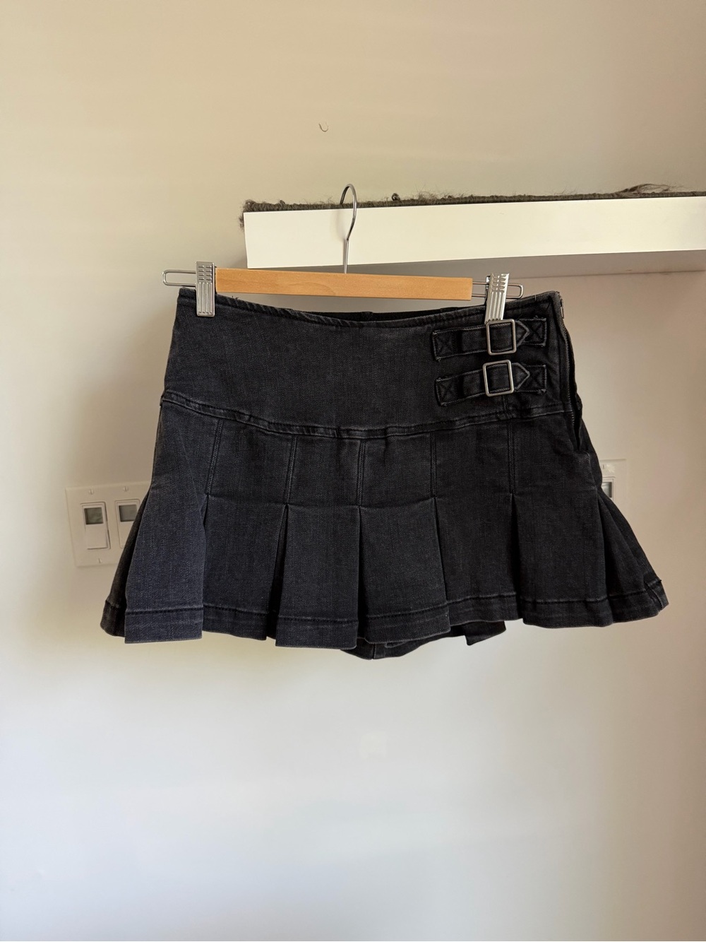 wild fable Black Pleated Skater Mini Skirt with Double Buckles